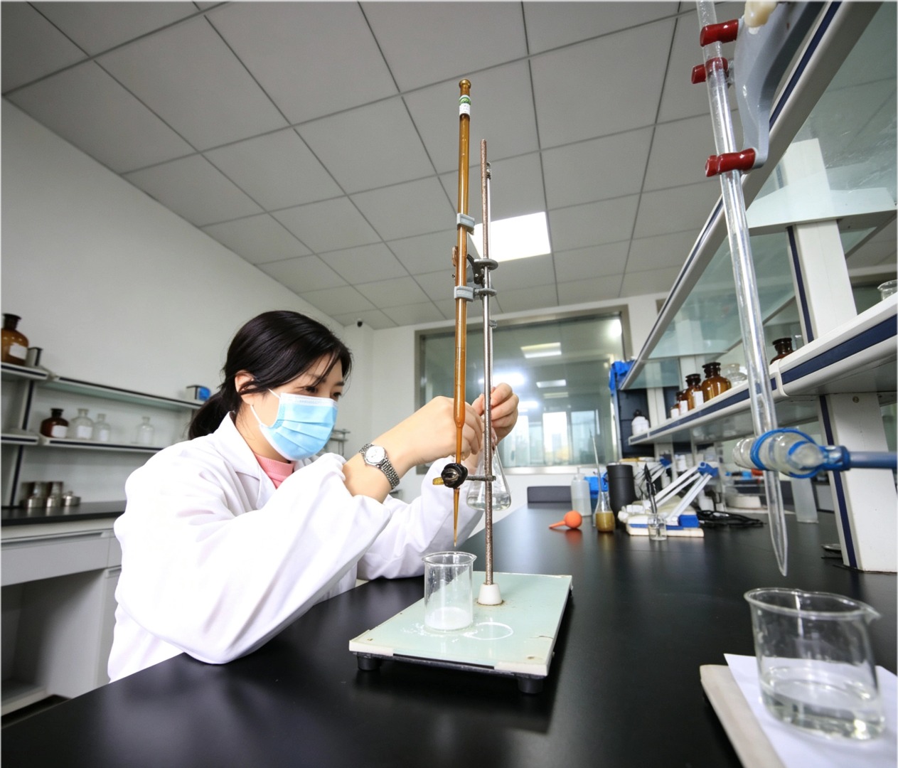 A staff member working with laboratory glassware in Seleglu’s testing room