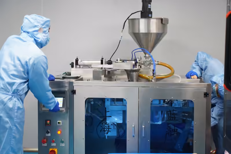Operators alongside a horizontal pouch packaging machine